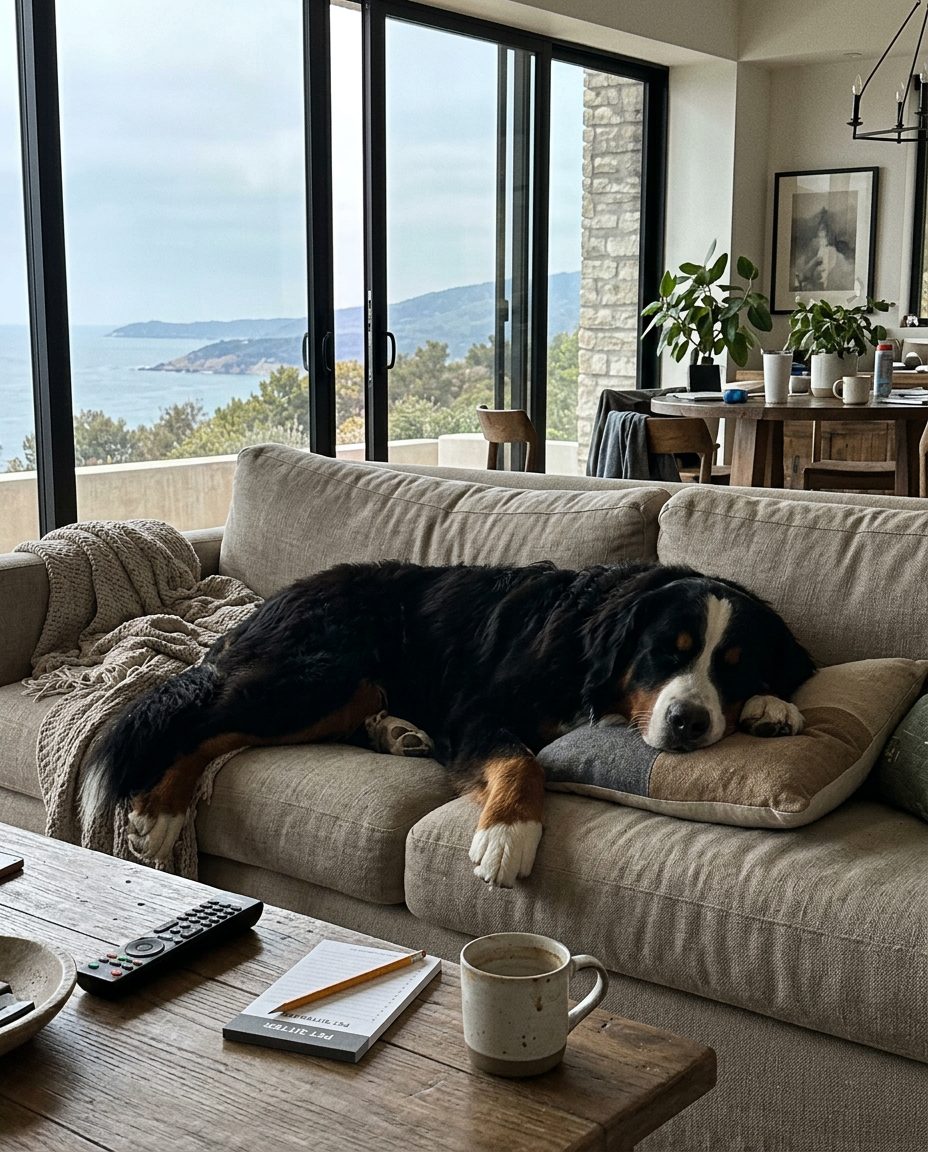 A Bernese mountain dog resting on a linen sofa in a hillside estate