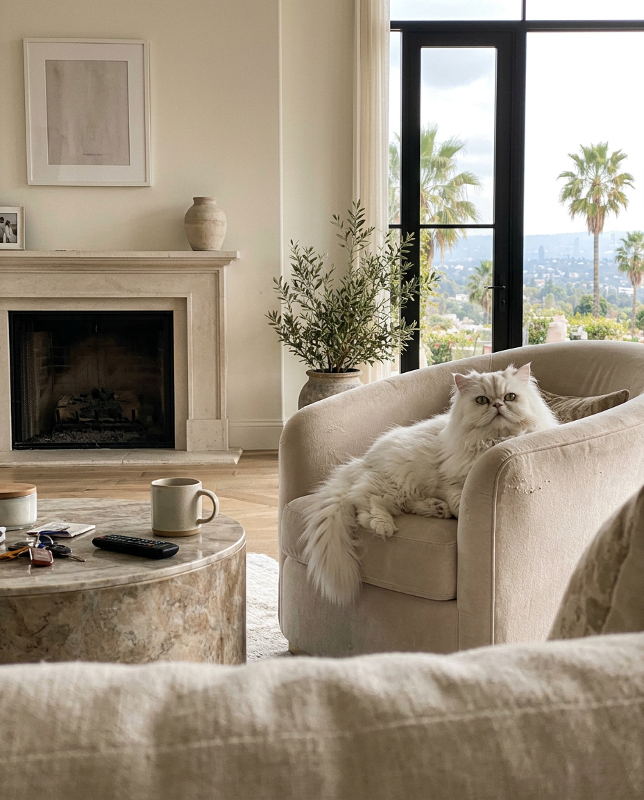 A white Persian cat resting on a velvet chair in a sunlit luxury living room