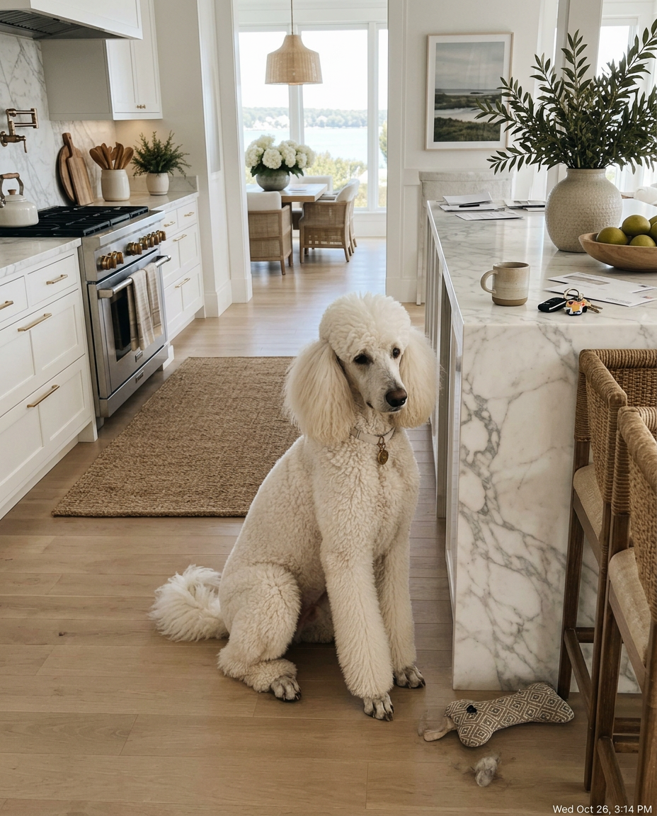 A standard poodle sitting beside a marble island in a coastal home