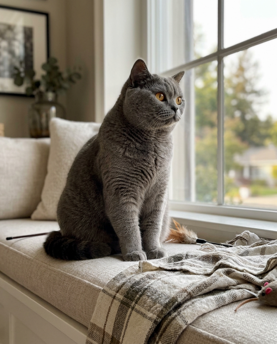 A gray British shorthair cat on a sunlit window seat